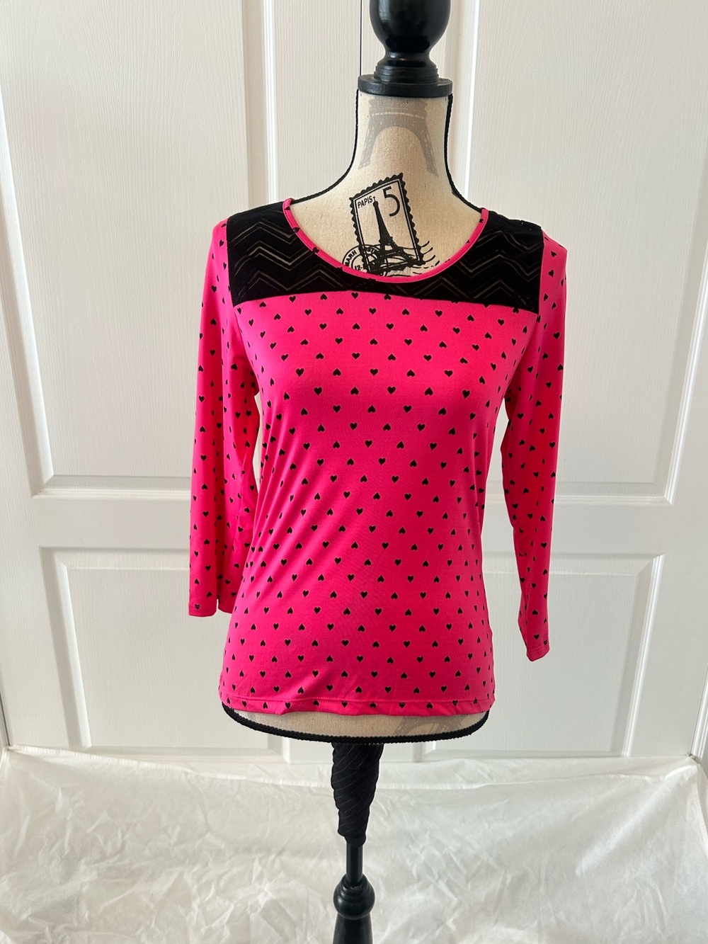 Cato Hot Pink Long Sleeve Top with Black Yoke and Heart Print